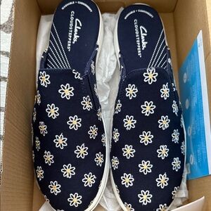 Clarks Navy Daisy Embroidered Slip-Ons